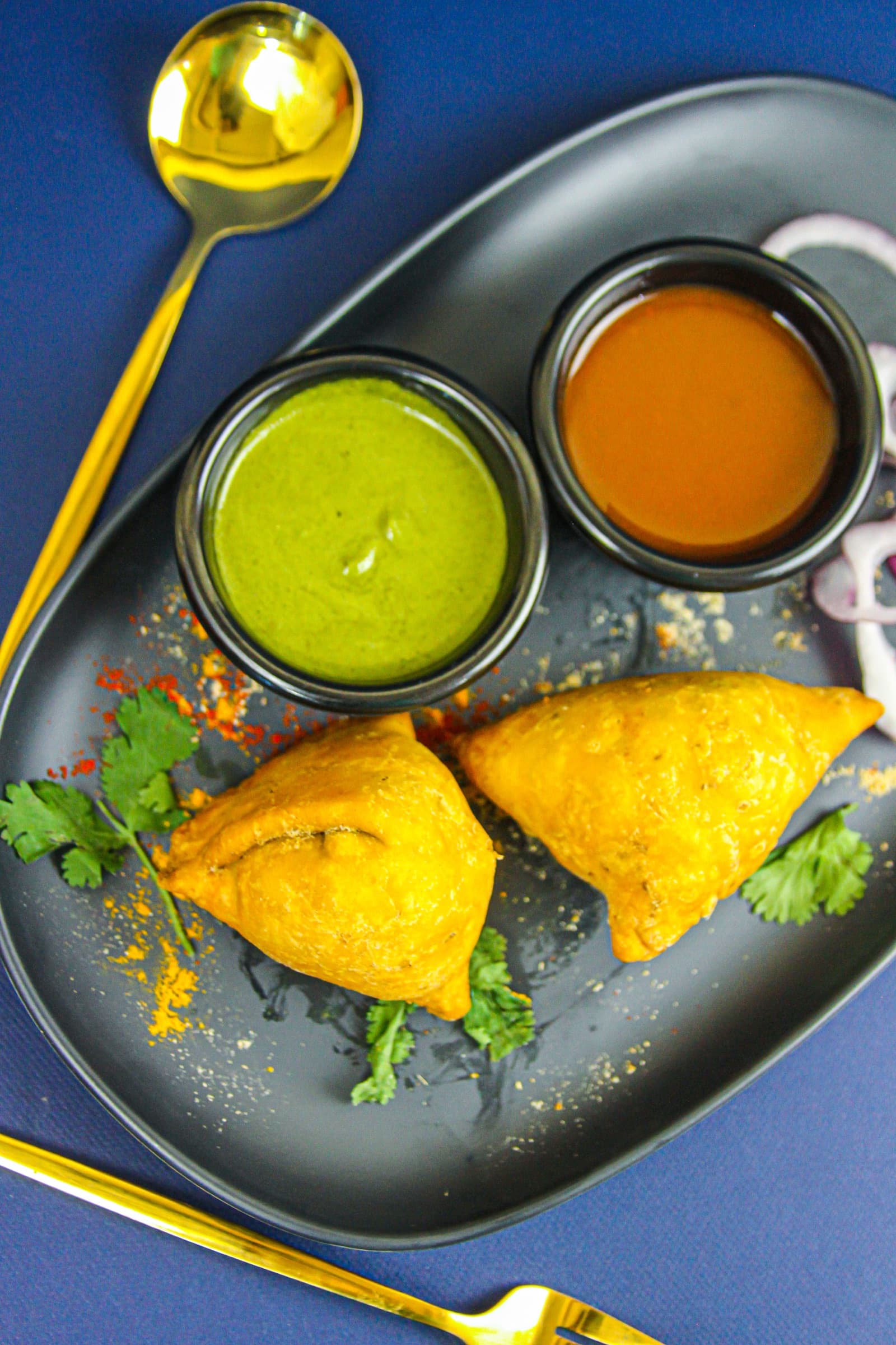 Samosas with mint and tamarind chutney